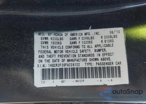 2015 Honda Accord Lx из США, поврежденный, VIN 1HGCR2F36FA228122